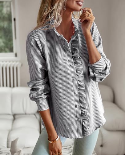 ebossy Women's Ruffled Solid Stripes Babydoll Blouse Button Down Formal Business Shirt Top3