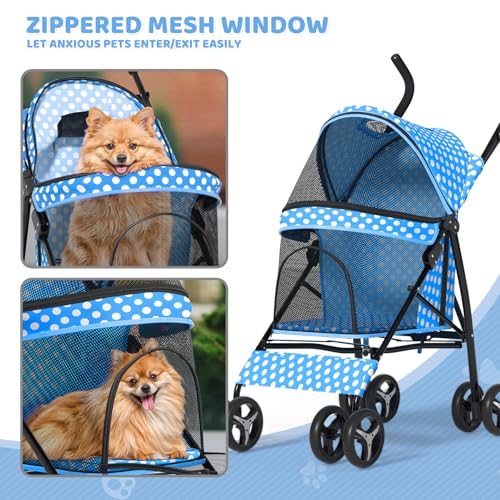 Image of Magshion Compact Fold Pet Travel Stroller for Small Dogs Cats | Up to 22lbs, 4-Wheel Lightweight Umbrella Shaped Design, Safety Tethers, Breathable Mesh, Cup Holder & Rear Storage