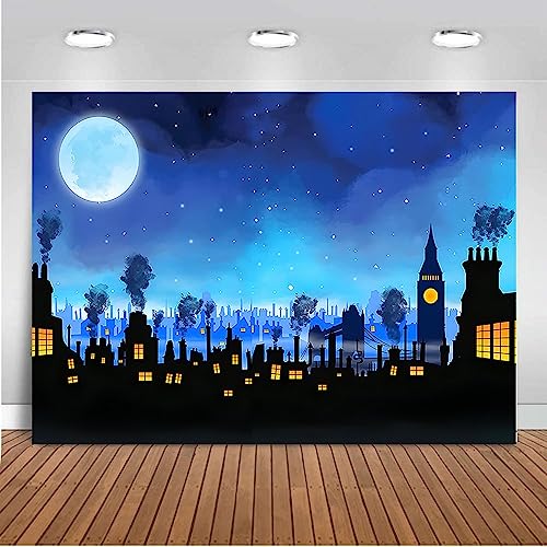 7x5FT London Clock Tower City Night Skyline Moon Backdrop bitthday Party Background (7x5ft(200x150cm))