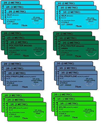 24 PK Mixed Sutures Thread with Needle Non-Absorbable: Nylon, Silk, Polyester, Polypropylene) - Surgical Wound Student Practice Kit, Emergency First Aid Demo (2-0, 3-0,)