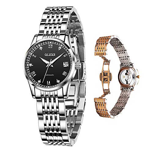 OLEVS Women Watches Automatic Small Face Watches Female Round Dial Watch Ladies Silver Steel Links Self Winding Watch Two Tone Lady Watches Date Luminous Impermeable Women's Wristwatches