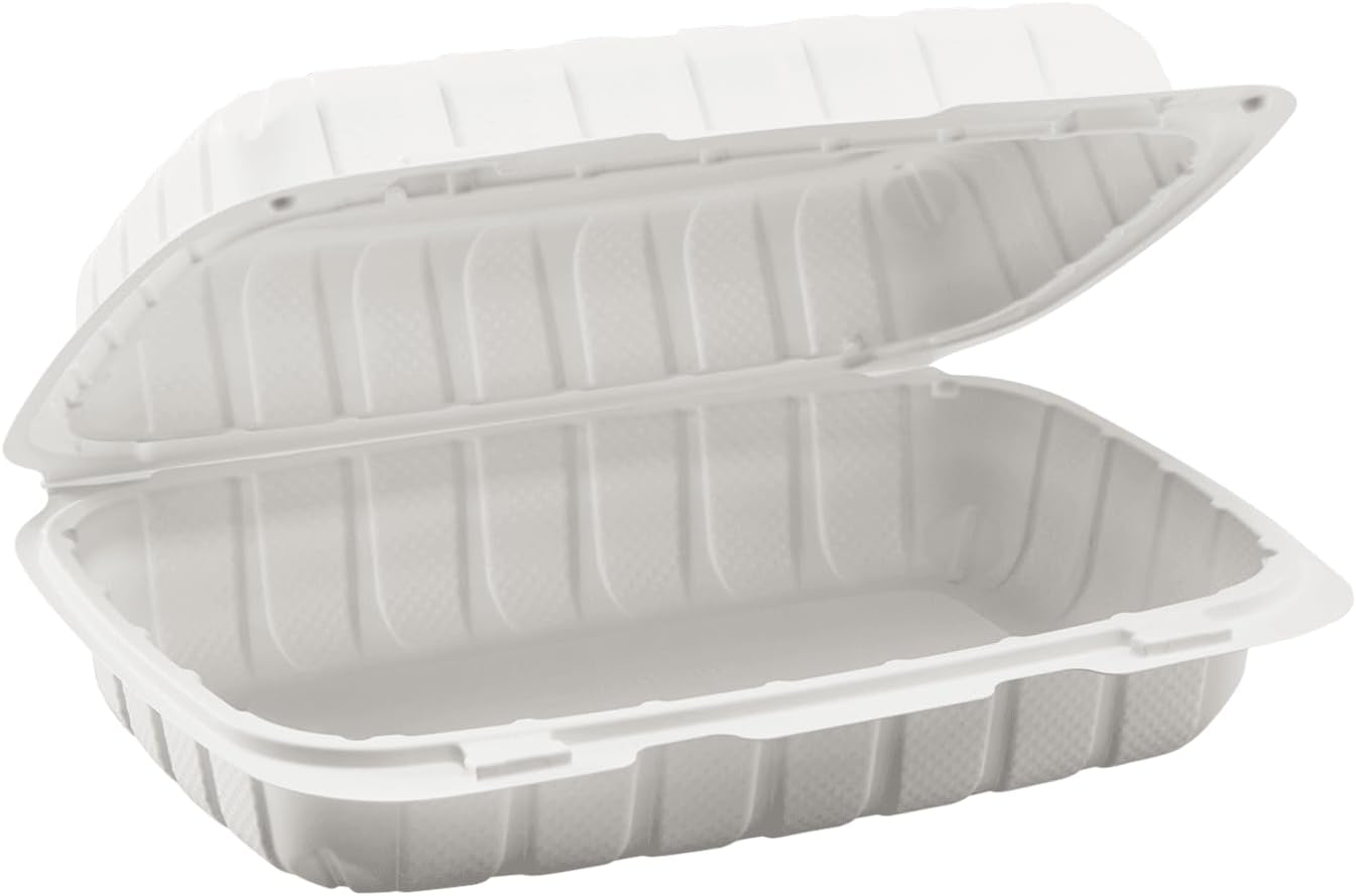 KARAT EARTH Clamshell Take Out Food Containers [9"x6" - 250 ct] To Go Containers | Microwavable, Freezer Safe, Soak-Resistant, Durable, Stackable | Vented for Hot/Cold Foods, White