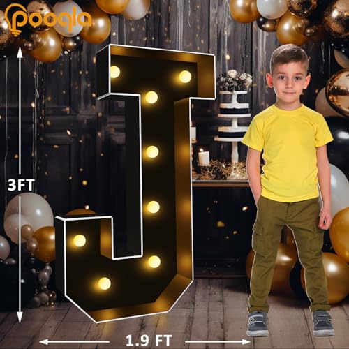 Image of Pooqla 3FT Marquee Light Up Letters, Black Large Letter J Party Decorations | LED Marquee Letters 3 Feet Tall, Black Giant Mosaic Letters Gift for Boys Men Birthday Anniversary Wedding Decoration