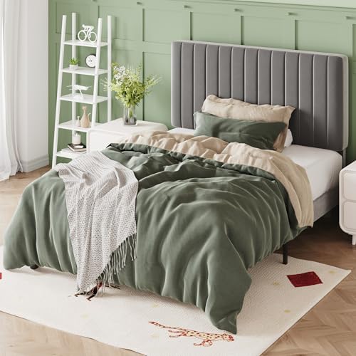 Image of Allewie Twin Bed Frame, Velvet Upholstered Platform Bed with Adjustable Vertical Channel Tufted Headboard, Mattress Foundation with Strong Wooden Slats, Box Spring Optional, Easy Assembly, Grey