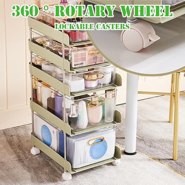 5-Tier Rolling Storage Cart with Detachable Drawers, Kitchen Storage Organizer Mobile Shelving Unit for BathroomGreen,14.4 D x 9.8 W x 26.8 H-VorImBSH