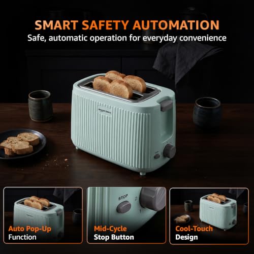 Image of Amazon Basics Pop-Up Toaster 2 Slice 600W | 7 Browning Levels | Auto Pop-Up & Auto Shut-Off | Mid-Cycle Cancel Function | Cool-Touch Housing | Dust Cover | Green | BIS Certified