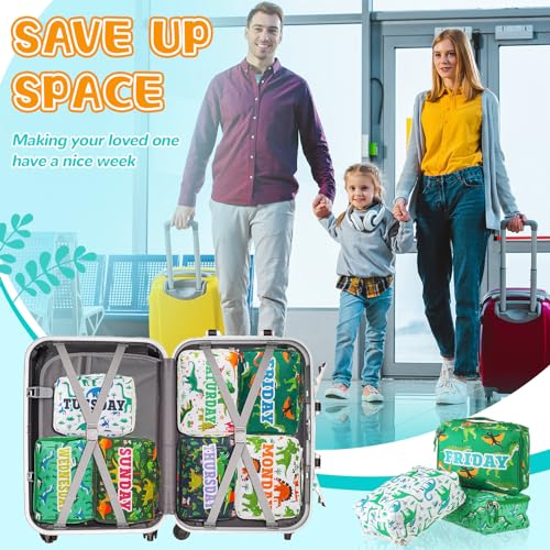 Paterr 7 Pcs Packing Cubes for Travel Kids Days of Week Compression Packing Cubes Colorful Luggage Organizers Suitcase Camp(Dinosaur)4