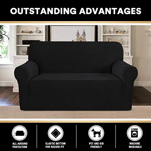 PrinceDeco Stretch Loveseat Sofa Cover Slipcover Couch Cover for 2 Cushion Sofa Washable Sofa Cover for Pets Friendly Furniture Protector Covers with Non Slip Bottom(Loveseat, Black) - Thumbnail 5