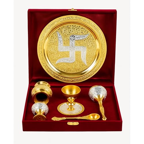 Image of Gold & Silver Plated Pooja Thali Set with Custom Name Box | 7-Piece Premium Religious Gift | Ideal for Corporate & Employee Gifting, Diwali, Housewarming & Every Festive Occasions (10 inch)