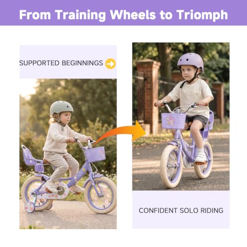 Image of Bixike Girls Bike with Basket for Kids Ages 2-12 Years Old, 12 14 16 18 Inch with Training Wheels & Doll Seat, 20 Inch with Kickstand & Rear Rack, Princess Style Bicycle for Gift.