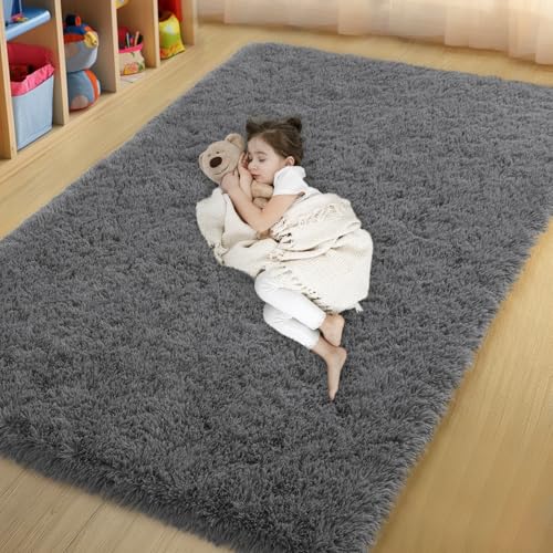 qulint 4x6 Bedroom Area Rug, Dark Grey Fluffy Rug for Living Room Boy Room