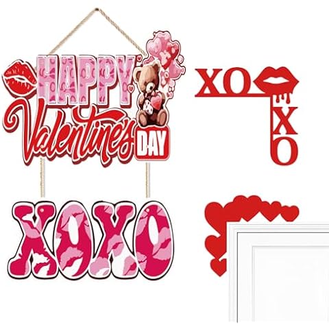 Valentines Day Door Sign, Red Pink Wooden Sign, Happy Valentines Day Decor for Front Door, Pattern Wood Wall Hanging Sign with Ribbon Home Decorations Cover
