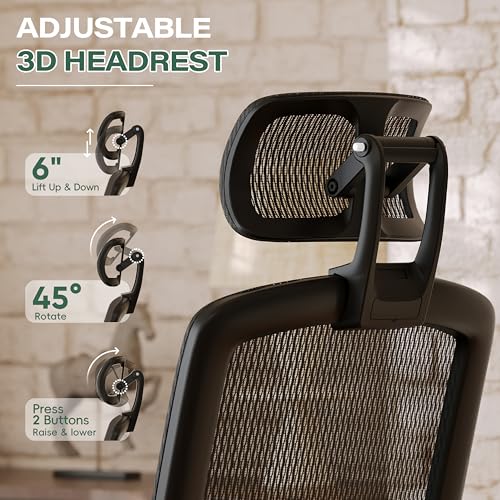 Image of GABRYLLY Ergonomic Office Chair, High Back Home Desk Chair with Footrest,3D Headrest, Flip-Up Arms, 135 Tilt and Wide Cushion, Heavy Duty Mesh Chairs for Task Computer Gaming, Black