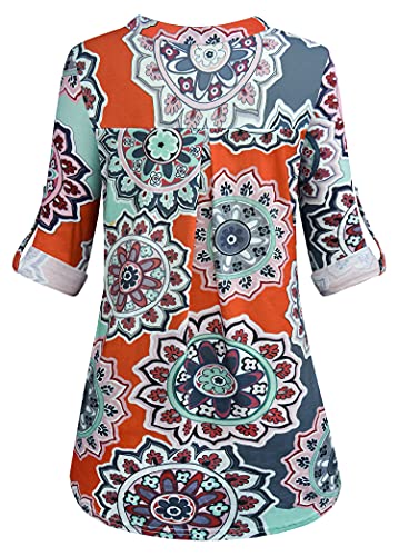 Odosalii-Damen-V-Ausschnitt-Kariert-Bluse-34-Aermel-Kurzarm-Reissverschluss-Tunika-Tops-Longshirt-Hemd-T-Shirt