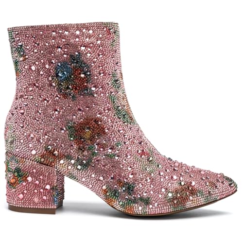 Image of YAYONE Rhinestone Zipper Sparkly Ankle Boots - Glitter Pointed Toe Fashion Comfortable Shoes, Pull on Chunky Heel Western Boots