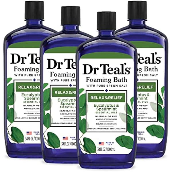 Dr Teal's Pianka do kąpieli z czystą solą Epsom, Relax & Relief z eukaliptusem i miętą, 1005,5 ml (4 sztuki)