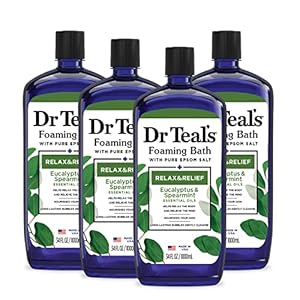 Dr Teal’s Foaming Bath with Pure Epsom Salt, Relax & Relief with Eucalyptus & Spearmint, 34 fl oz (Pack of 4)