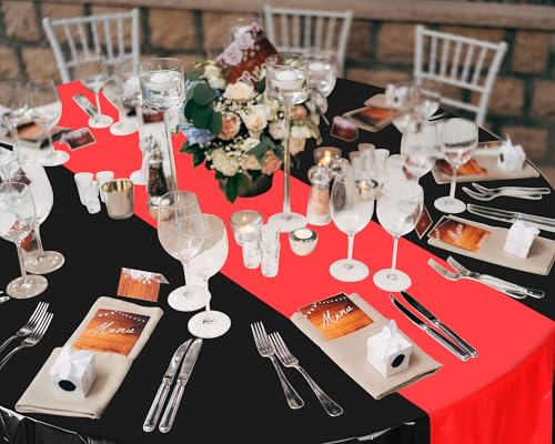 Image of Remagr 8 Pcs Round Plastic Tablecloth 84 Inch Disposable Tablecloth Party Table Cover for Graduation Wedding Birthday Retirement Decoration (Black,Red)