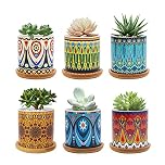 FORAGIFT 7.5CM Succulent Plant Pot, Ceramic Mandala Pattern Cactus Plants Pot, Small Plant Pots for Indoor Outdoor Plants with Bamboo Tray, and Great for Home Office Decor, Set of 6