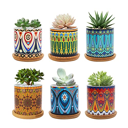 Warmplus 7.5CM Succulent Plant Pot, Ceramic Mandala Pattern Cactus Plants Pot, Small Plant Pots for...