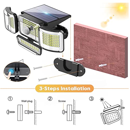 Moniss Luzes solares ao ar livre 288 LED Lâmpada com sensor solar 4 cabeças Luzes com sensor de movi
