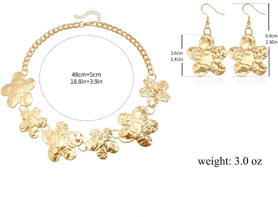 Chunky Gold Hammered Heart Star Choker Necklace Dangling Earrings for Women, Vintage Stars Love Pleated Earring Thick Necklaces Party Jewelry Gifts - Image 2