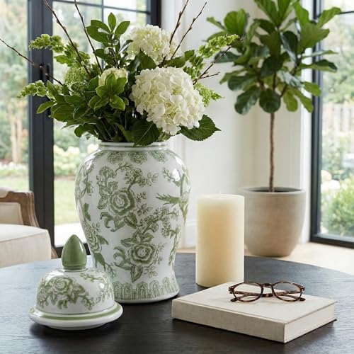 Temple Decorative Jar with Lid Chinoiserie Ceramic Decorative Stoneware for Home Decor Modern Centerpiece for Living Room Bedroom & Office 14.25 Green & White