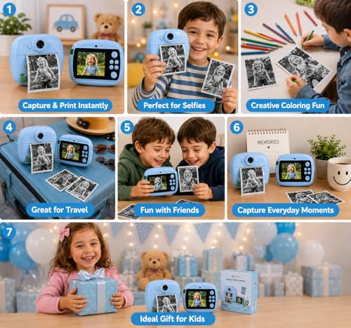 Image of Kids Instant Print Camera, 1080P HD Digital Video Camera with Built-in Thermal Printer, Fun Photo Camera for Boys & Girls (Blue)