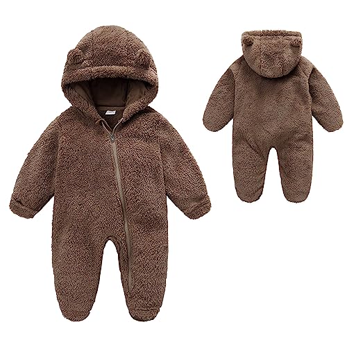 Image of YMYDYFC Baby Fleece Hooded Romper Winter Outwear Jumpsuit Snowsuit Bear Ear Outfits for Boys Girls