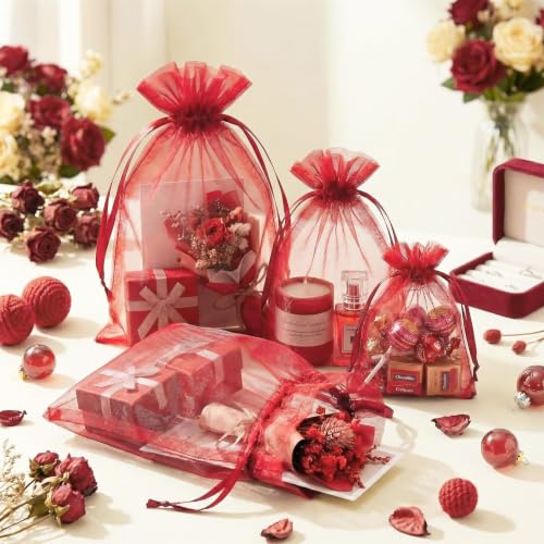Image of FUNFERY 100PCS Red Organza Gift Bags 6x9in,Drawstring Pouch for Jewelry