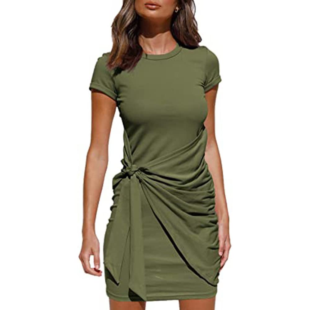 QKEPCY Vestido de Verano de Las Mujeres de Manga Corta Cuello Redondo Vestido Ligero Midle Largo Color sólido Rodilla Vestido Largo se Puede Usar para Muchas Ocasiones Plisado Arco