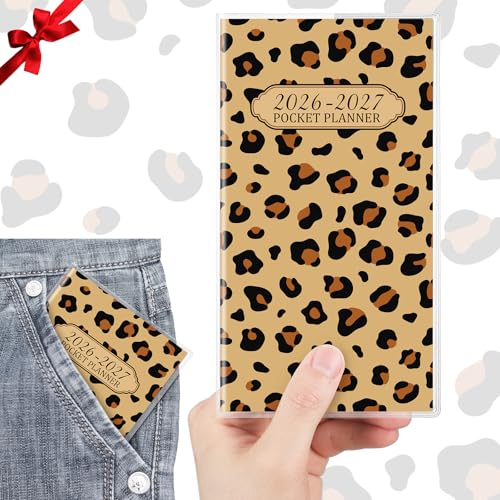 ReliThick 2026 Pocket Calendar for Purse Small Monthly Planner for Women Handy Weekly Pocket Planner Journal Notebook Christmas New Year Gift Sister Friends Women(2026-2027,Leopard)
