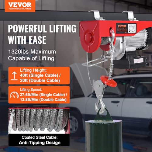 Vevor ELECTRIC HOIST, 1320 LBS 120V Electric Winch With 328 Ft Wireless & 14 Ft Wired Remote Control, 40 Ft Single Cable Lifting Height, Single/Double Slings, Lift Hoist thumb #1