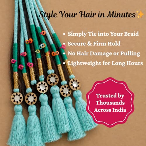 Image of Zippy Flora Handmade Boho Parandi / Paranda Traditional Hair Accessory for Women & Girls | Ethnic Braided Hair Tassels, Choti Hair Extension, Decorative Braid Jewelry for Festive & Wedding Hairstyles (Neelima Turquoise Blue)