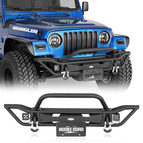 Hooke Road Tubular Front Bumper for Jeep Wrangler TJ 1997 1998 1999 2000 2001 2002 2003 2004 2005 2006, Offroad Bumper with D-rings, Tube Hoop Grille Guard