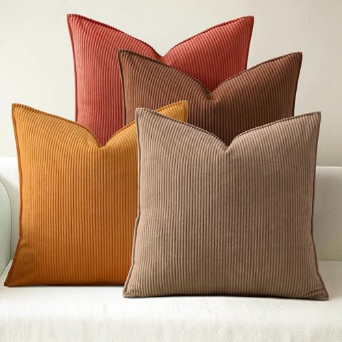Fuhana Throw Pillow Covers 18x18 Inch Corduroy Set of 4 Decorative Couch Summer Throw Pillow Cases Square Farmhouse Boho Velvet Cushion Covers for Sofa Bed Living Room Home Decor Maillard Tones
