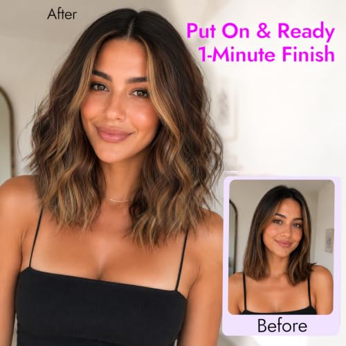 Image of Eawwii Wigs for Women Brown Highlight,Short Wavy Synthetic Lace Wig