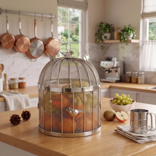Image of Decorative Insect-Resistant Fruit and Vegetables Basket with Lid | Countertop Mesh (Jaali) Design Fruit Storage Basket for Kitchen, Dining Table, Living Room (Silver, Design 3)