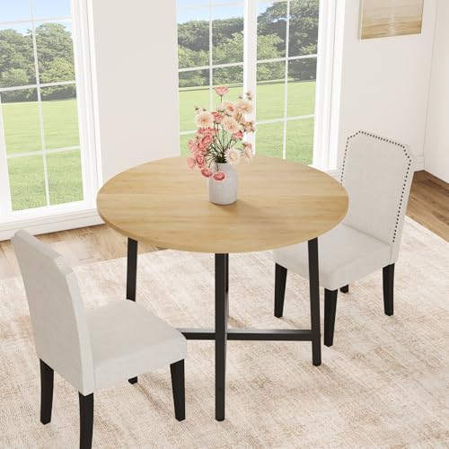 Image of IDEALHOUSE 31.5 Inch Round Dining Table for 2-4, Small Kitchen Dining Room Table for Space Saving, Wood Circle Kitchen Table with Sturdy Metal Frame (No Chairs)