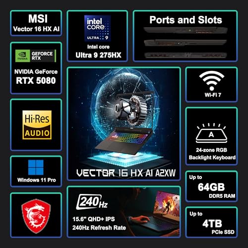 MSI Vector 16 HX AI Gaming Laptop 16" QHD+ IPS 240Hz Intel 24-core Ultra 9 275HX (>i9-14900HX) 32GB DDR5 4TB SSD GeForce RTX 5080 (fino a 1334 AI TOPS) RGB retroilluminato Thunderbolt5 Win11Pro ICP - Notebook - Immagine 2