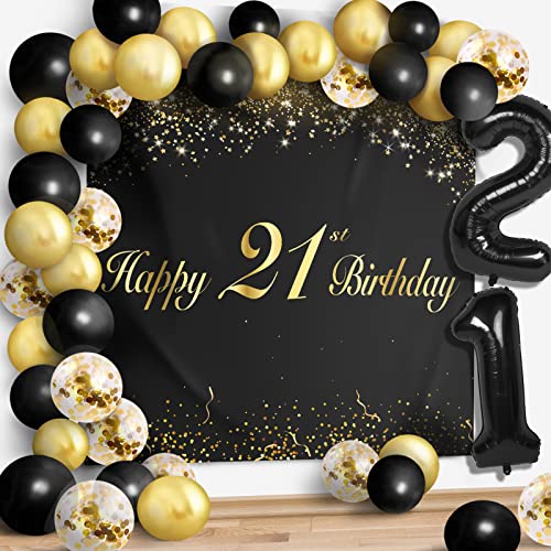 Happy 21st Birthday Balloons Black Set Decor - Cheers to 21 Years Old Party Theme Garland Banner Backdrop Decorations For Women and Men Supplies