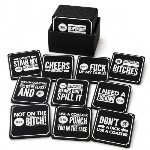Summit One Funny Coasters for Drinks, Set of 10 (4 x 4 Inch, 5mm Thick) - Bar Accessories for the Home Bar Set, Absorbent Felt Drink Coasters - Man Cave Accessories