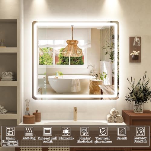 Image of 40 inch x 36 inch Led Bathroom Mirror with Lights, Anti-Fog & Tri-Color Lighting - Wall Mounted Shaving Mirror with Touch Sensor, Waterproof & Smart LED Vanity Mirror,Tempered Glass, Dimmable Smart Mirror