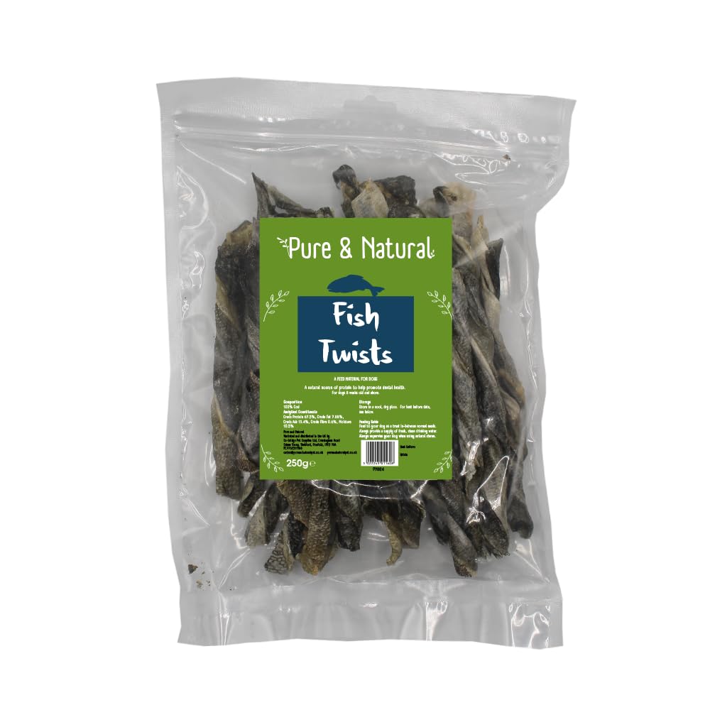 Pure & Natural Whitefish Twists 250g, 100% Air Dried Fish Skin for Dogs 250g, Grain Free Dog Treats and Natural Dog Chews with Omega 3 for Dogs