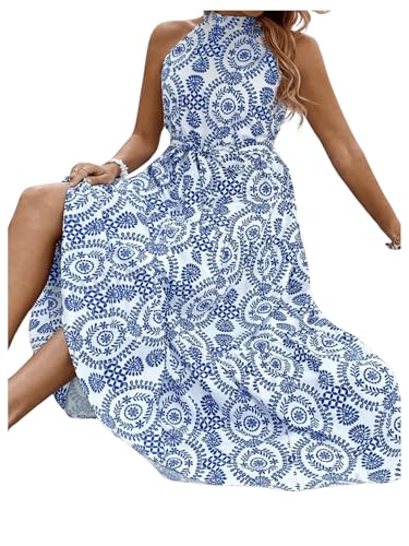 Image of Floerns Women's Plus Size Boho Sleeveless Halter Neck Tie Back A Line Long Dress