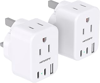 UK Travel Plug Adapter, HANYCONY US to UK Type G Ireland Travel Adapter 2 Outlets 3 USB Ports(2 USB C), UK Power Adaptor for USA to Dubai England London Scotland British Kenya Irish Hongkong, 2 Pack