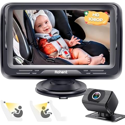 Rohent Baby Car Camera HD 1080P - Rear-Facing Infant Monitor with Night Vision, 150° Wide-Angle Lens, Anti-Glare Screen, Easy Install, 360° Adjustable Display Cover