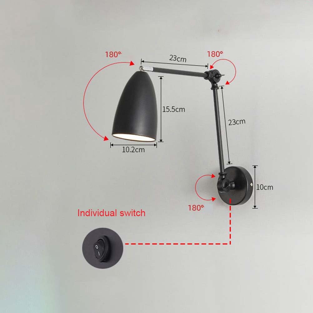 AoLa Schwenkarm Wandleuchte mit Schalter Innen Verstellbarer Langer Arm Wandlampe Wand Leselampe E27 Industrie Retro Metall Lampe Faltbar Langmast Nachttischlampe für Schlafzimmer Büro,Schwarz