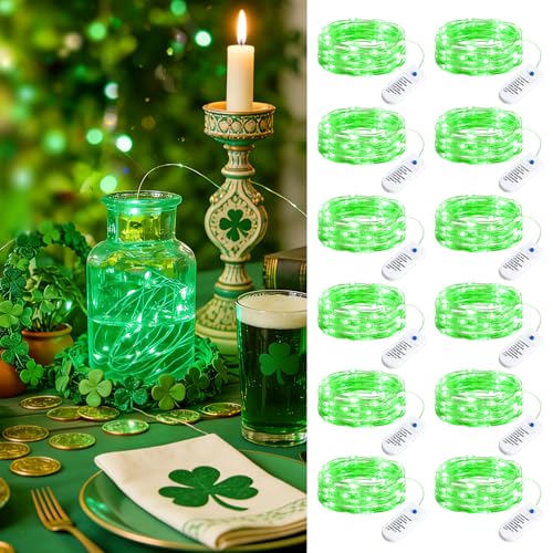Image of Minetom 12 Pack Green Christmas Lights, St Patricks Day Lights, 7ft 20 LED Fairy Lights Battery Operated String Lights, St Patricks Day Decorations, 8 Modes Waterproof Silver Wire Twinkle Lights