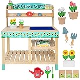 Svan Wooden Toy Gardening Center Indoor Playset - 22 Pc Garden Stand Set w Flowers, Seed Packets, Pots, Shovel Rake Apron Watering Pot- Great Interactive & Fun Pretend Playtime, Gift for Boys Girls